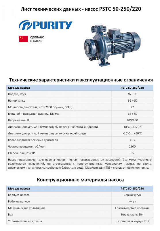 Моноблочный фланцевый насос Purity PSTC 50-250-220 (N) (арт. 100590392)